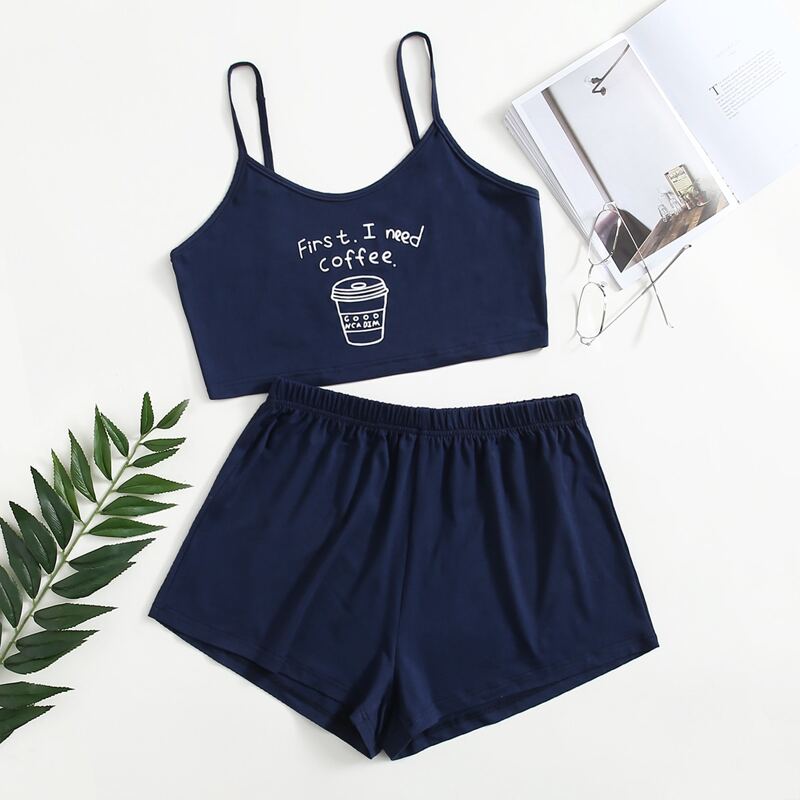 

Slogan Graphic Pajama Set, Navy blue