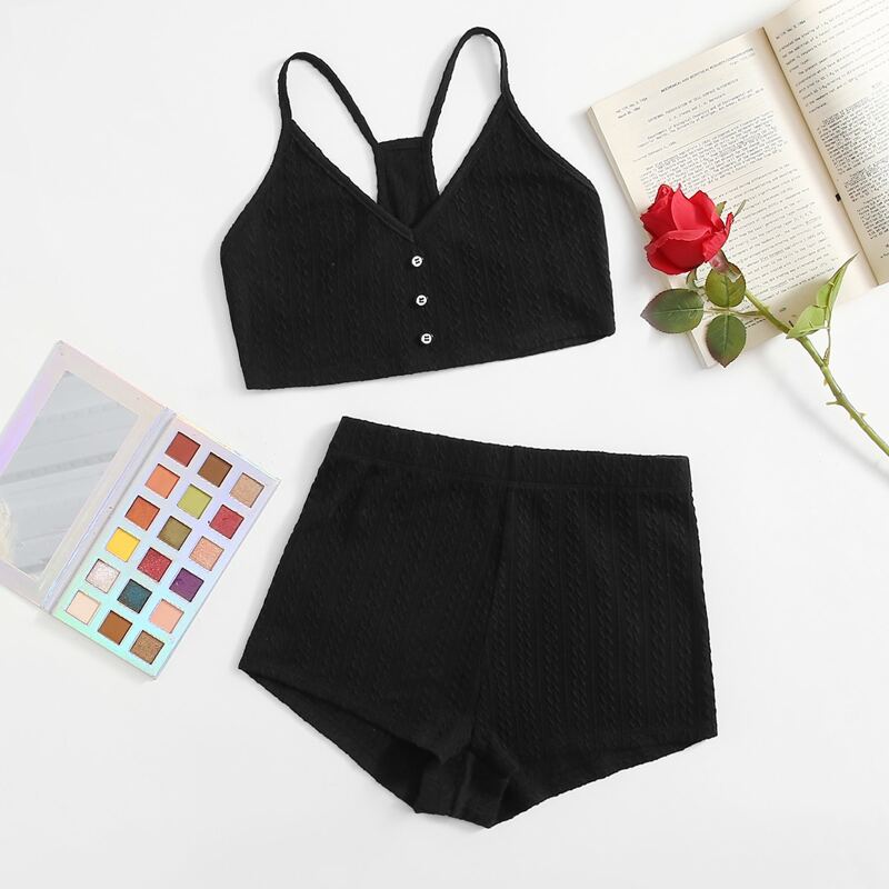 

Button Front Solid Cami Lounge Set, Black