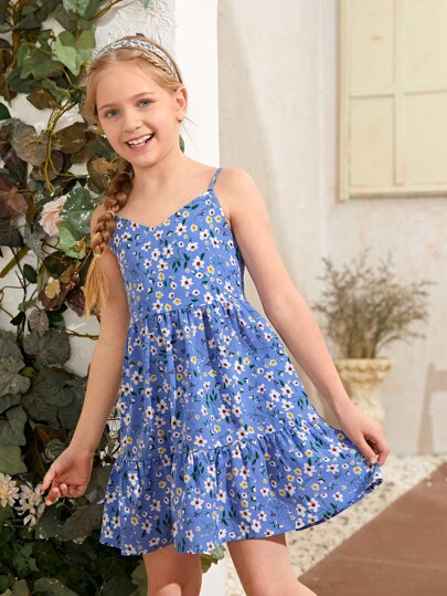 فستان منزلق بحافة مكشكشة ومدرز خلفي بطباعة زهر شامل للبنات