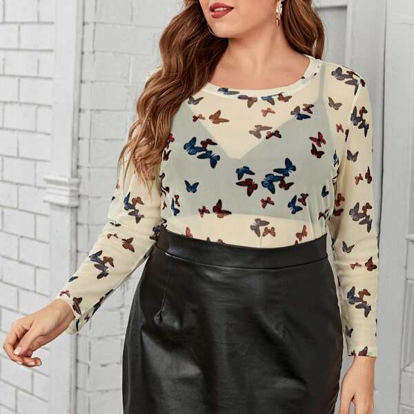 

Plus Butterfly Print Sheer Top, Multicolor