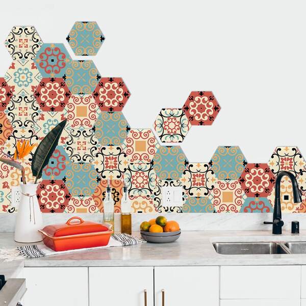 

10pcs Royal Pattern Hexagon Tile Sticker, Multicolor