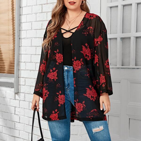 

Plus Allover Floral Sheer Kimono, Multicolor