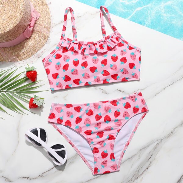 

Girls Random Strawberry Print Bikini Swimsuit, Multicolor