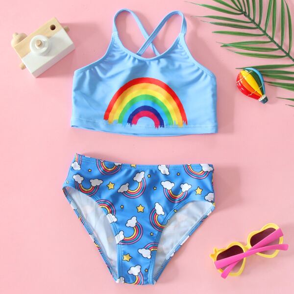 

Toddler Girls Rainbow Striped Bikini Swimsuit, Baby blue