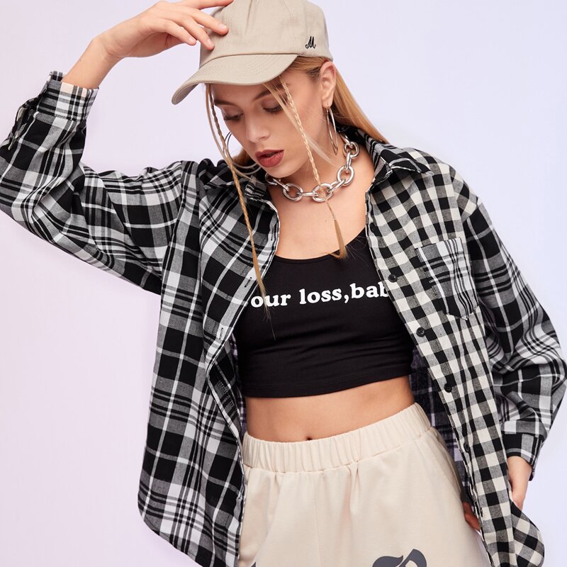 

Plaid Boyfriend Shirt, Black and white