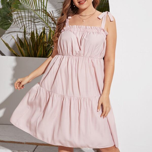 

Plus Solid Frill Trim Knotted Cami Dress, Baby pink