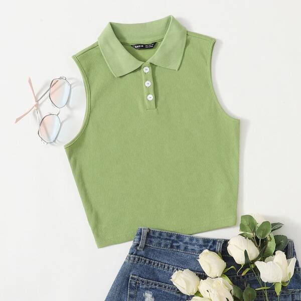 

Collared Buttoned Half Placket Tank Top, Lime green