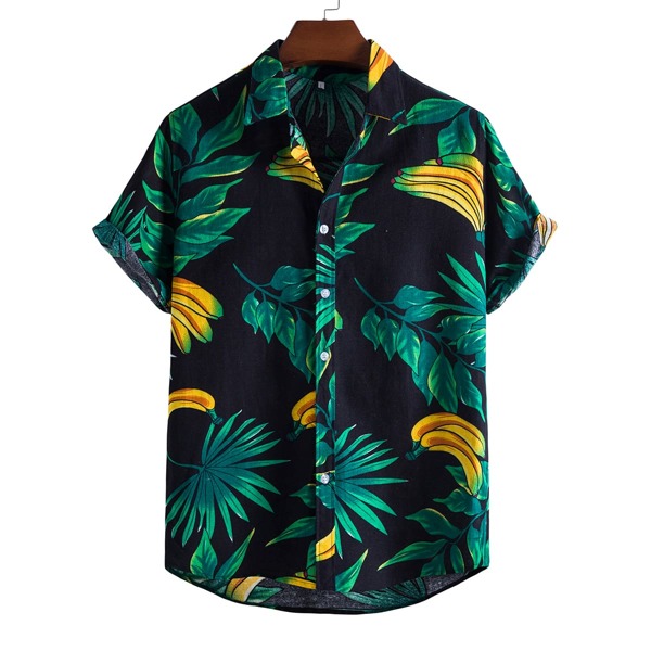 

Men Tropical Print Button Front Shirt, Navy blue