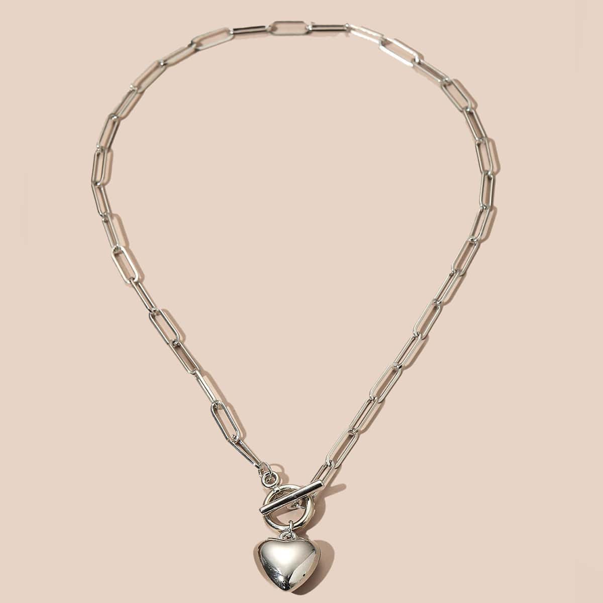 

1pc Heart Charm Toggle Necklace, Silver