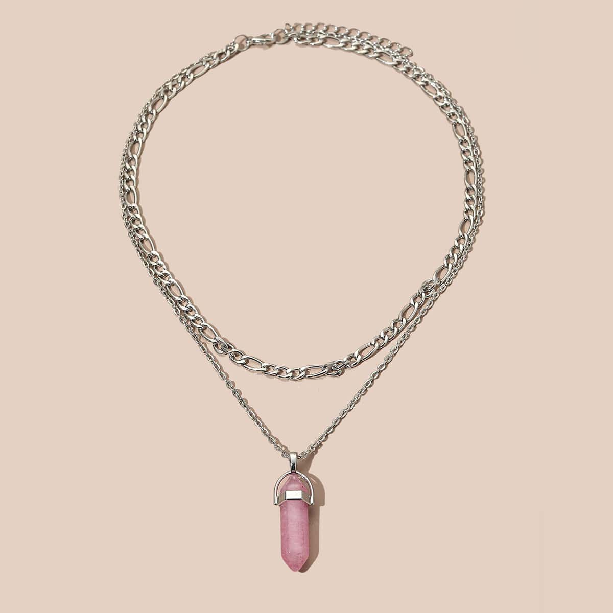 

Quartz Pendant Layered Chain Necklace, Silver