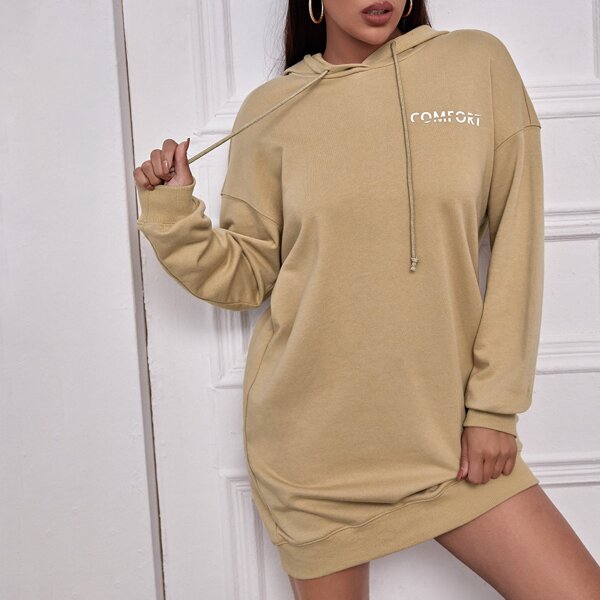 

Drop Shoulder Letter Graphic Sweatshirt Hooded Dress, Khaki
