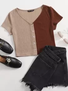 SHEIN تي شيرت بأزرار امامي بألوان متجانس - متعدد الألوان - مشاهدة 1