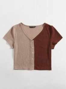 SHEIN تي شيرت بأزرار امامي بألوان متجانس - متعدد الألوان - مشاهدة 3