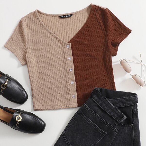

Color Block Button Front Tee, Multicolor