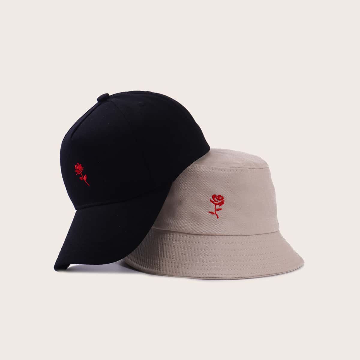 

Guys Rose Embroidery Bucket Hat & Baseball Cap, Multicolor