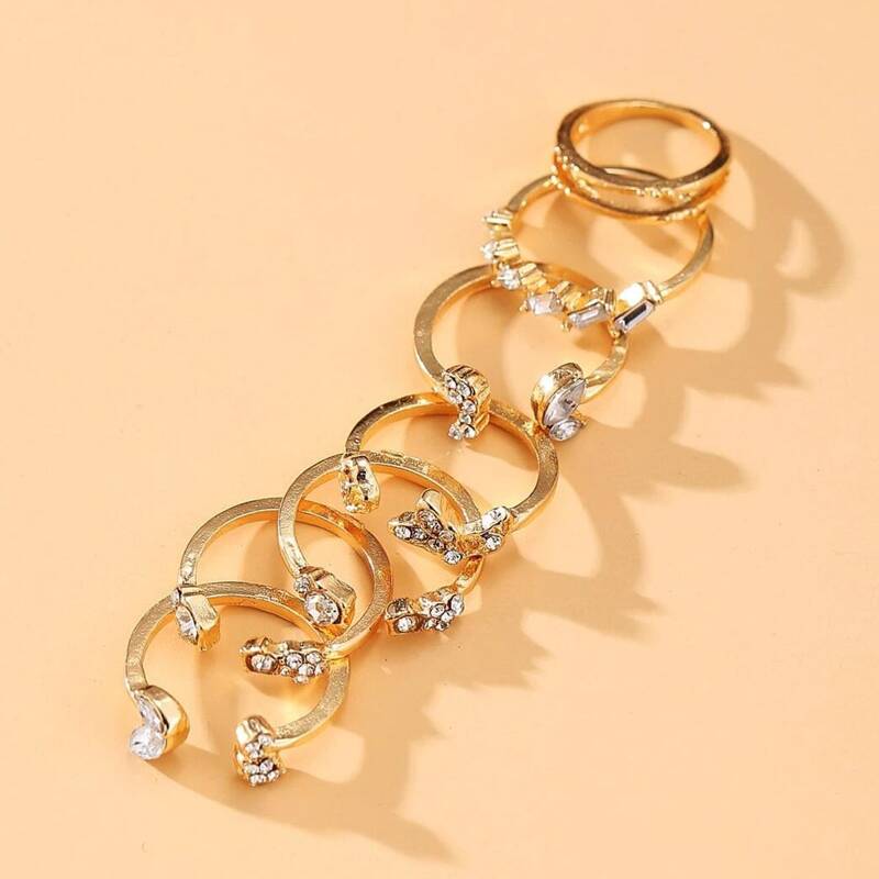 

7pcs Rhinestone Butterfly & Flower Ring, Gold