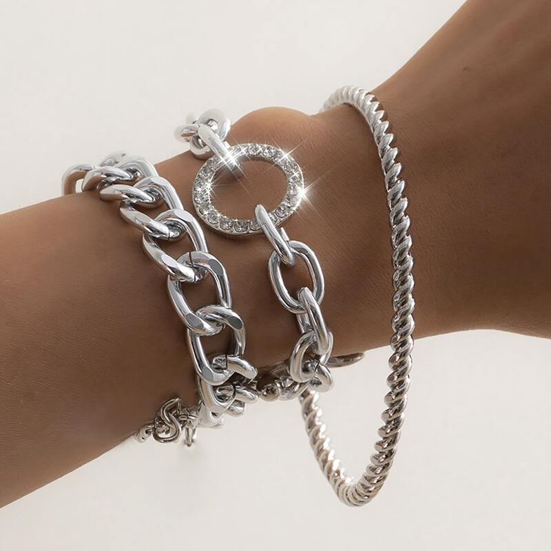

3pcs Rhinestone Chunky Chain Bracelet, Silver