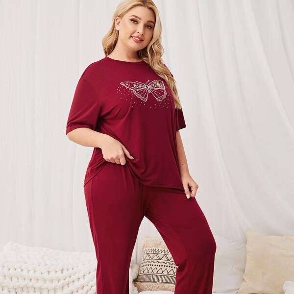 

Plus Butterfly Print Pajama Set, Burgundy