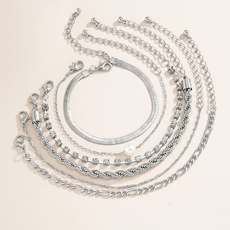 

6pcs Faux Pearl Decor Bracelet Set, Silver