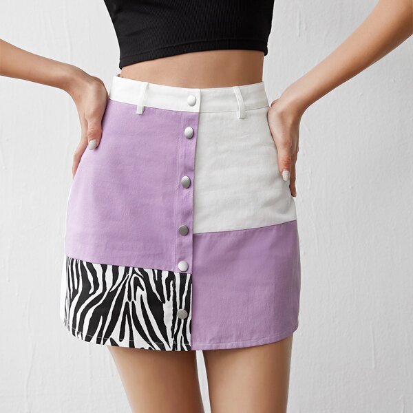 

Single Breasted Colorblock Zebra Striped Skirt, Multicolor