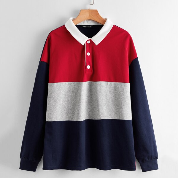 

Color Block Polo Collar Sweatshirt, Multicolor