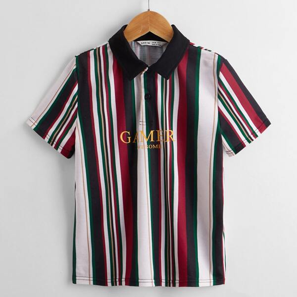 

Boys Letter and Striped Polo Shirt, Multicolor