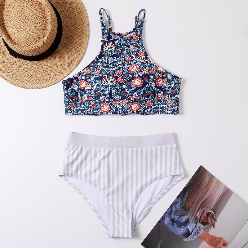 

Floral & Stripe Print Bikini Swimsuit, Multicolor