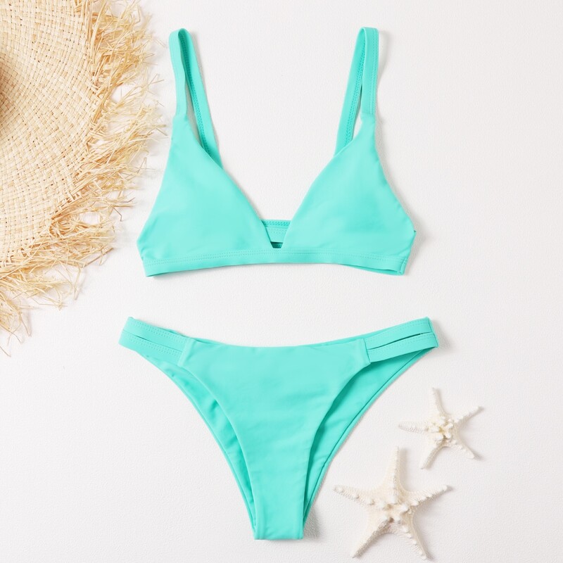 

Solid Cut-out Side Bikini Swimsuit, Mint blue