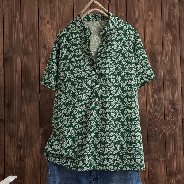 

Allover Plants Print Half Button Blouse, Green