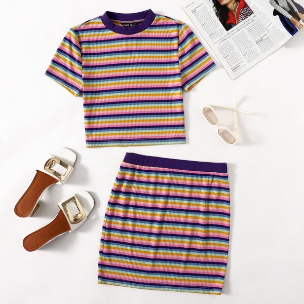 

Striped Crop Tee & Skirt Set, Multicolor