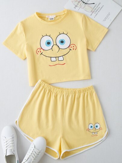 ROMWE X SpongeBob Crop Tee & Dolphin Shorts