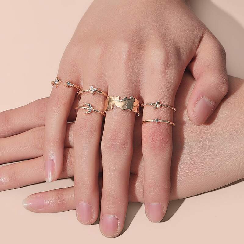 

6pcs Rhinestone Ring Set, Gold