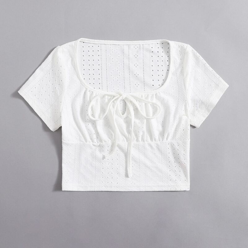 

Solid Ruched Bust Eyelet Embroidery Crop Top, White