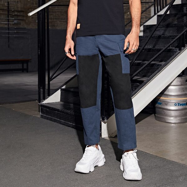 

Men Flap Pocket Side Two Tone Pants, Navy blue