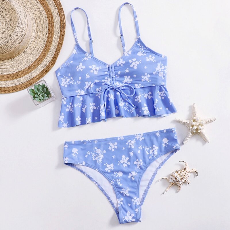 

Ditsy Floral Drawstring Ruffle Bikini Swimsuit, Blue and white