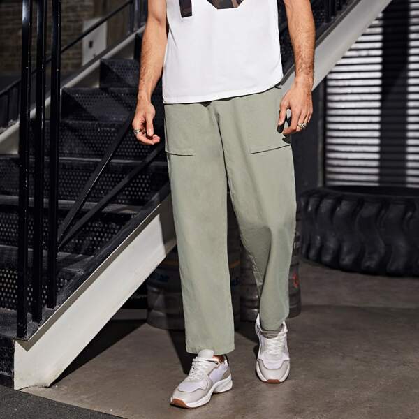 

Men Buttoned Detail Flap Pocket Side Pants, Mint green