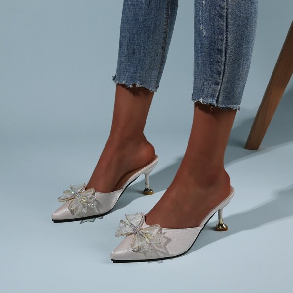 

Rhinestone & Bow Decor Mules, Beige