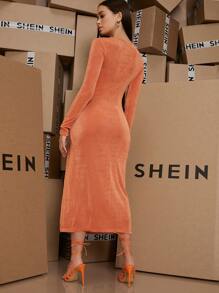 SHEIN Plunge Wrap Front Split Thigh Dress - Orange - View 2