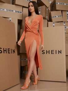 SHEIN Plunge Wrap Front Split Thigh Dress - Orange - View 3