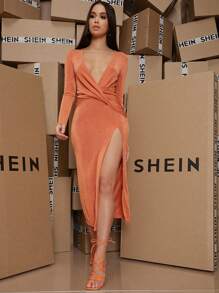 SHEIN Plunge Wrap Front Split Thigh Dress - Orange - View 5
