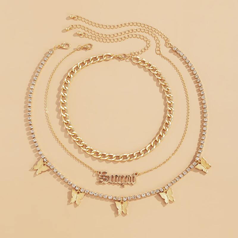 

3pcs Butterfly Charm Rhinestone Necklace, Gold