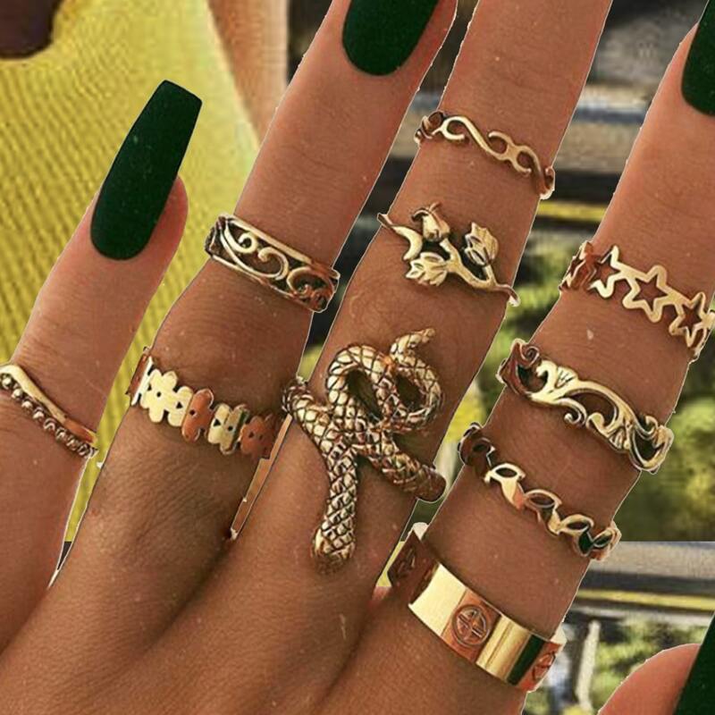 

10pcs Snake & Flower Design Ring, Gold