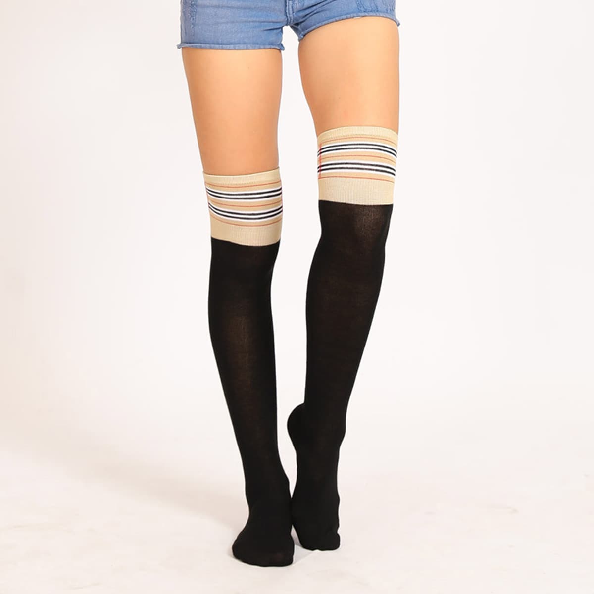 

2pairs Striped Trim Over The Knee Socks, Black