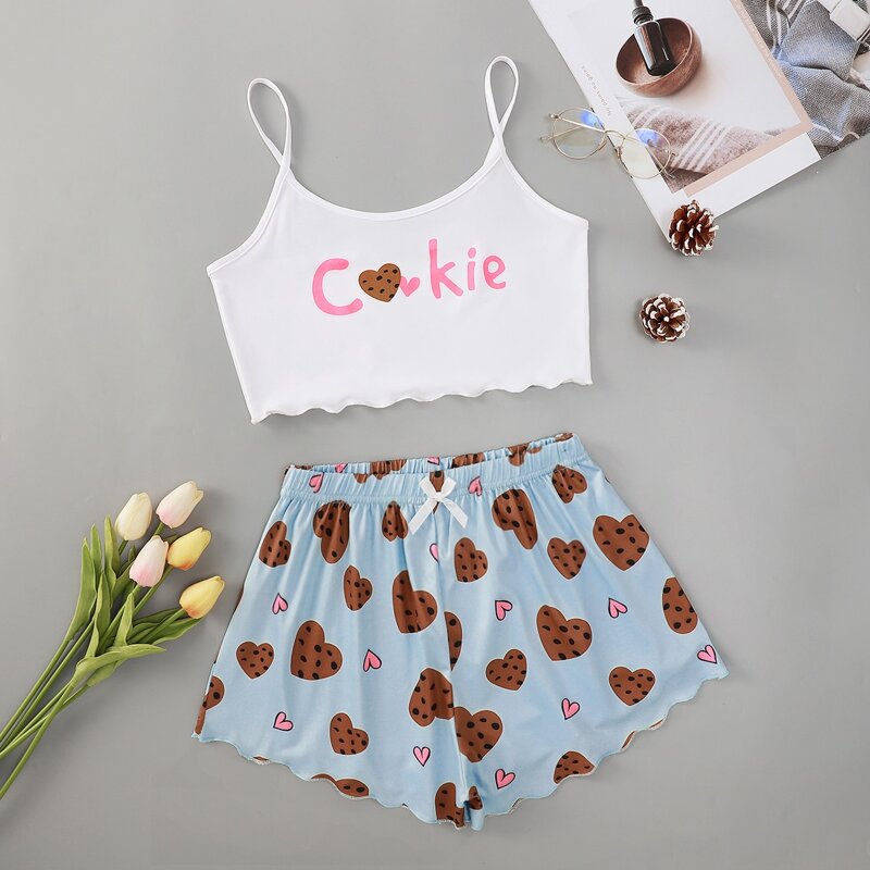 

Letter & Heart-shape Cookie Print Bow PJ Set, Multicolor