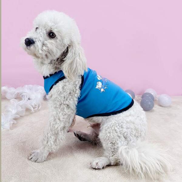 

Cartoon Mouse Print Contrast Binding Pet Tank, Blue
