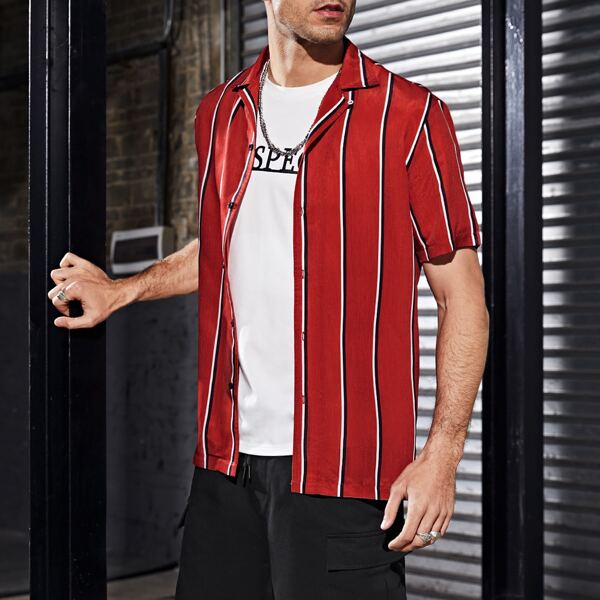 

Men Button Placket Striped Shirt, Red