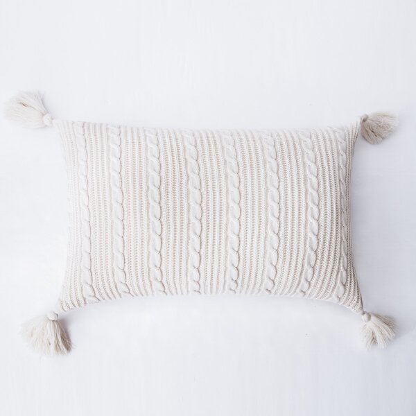 

1pc Tassel Decor Lumbar Pillow Cover Without Filler, Beige