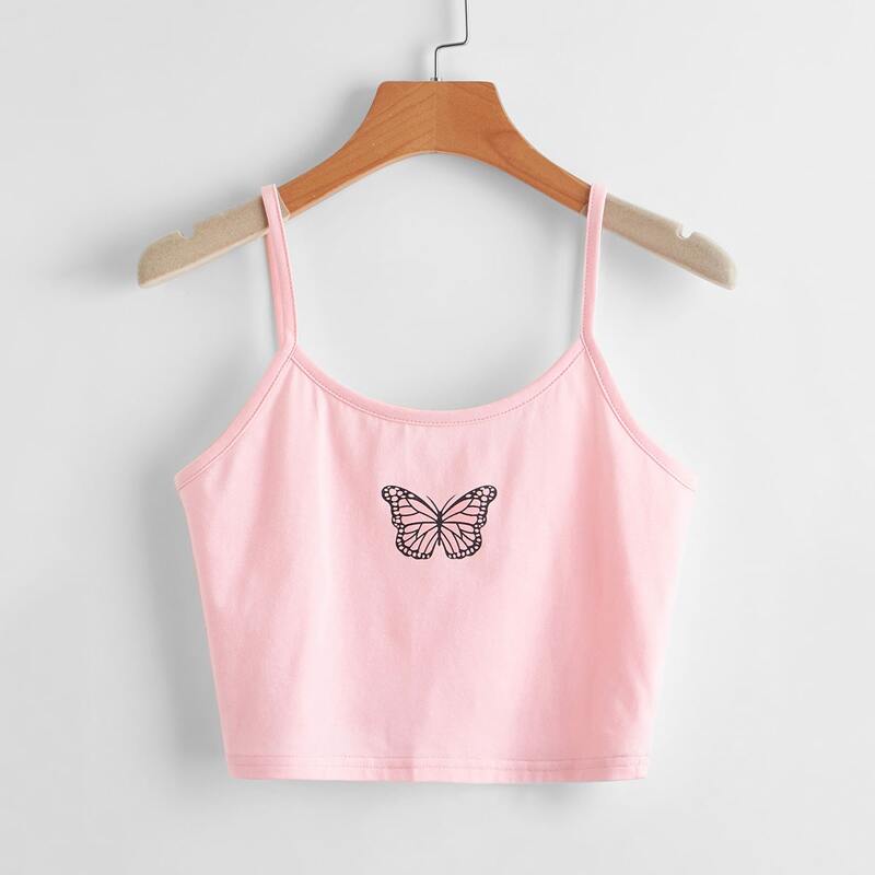 

Butterfly Print Crop Cami, Baby pink