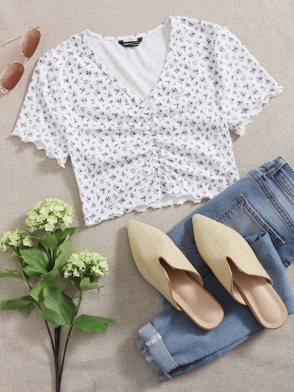 SHEIN Qutie 小碎花抽褶細節T恤