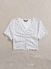 SHEIN Qutie 小碎花抽褶細節T恤